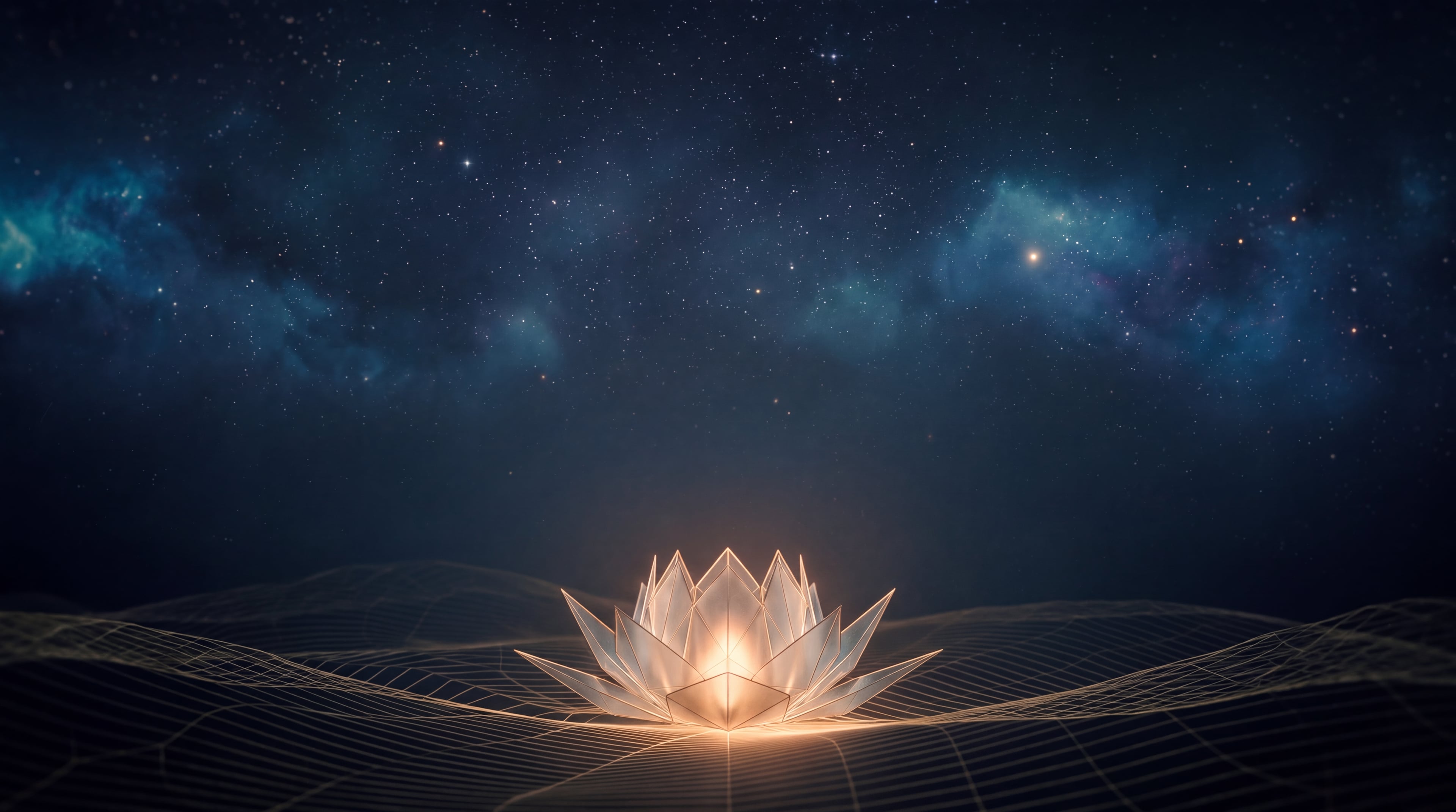 A glowing translucent prism resting on a dark wireframe landscape beneath a wide star field.