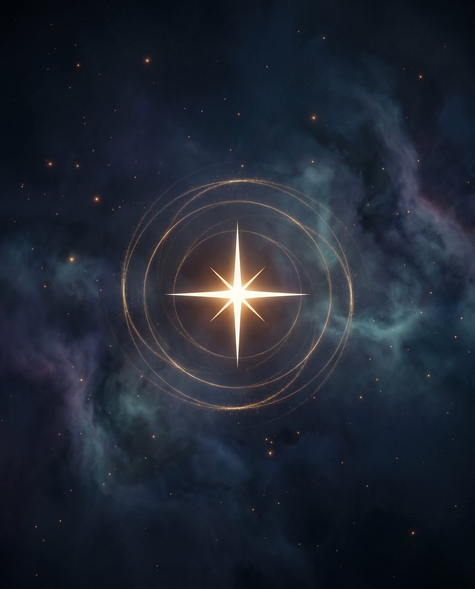A four-point star inside concentric gold rings, held in a deep blue nebula.