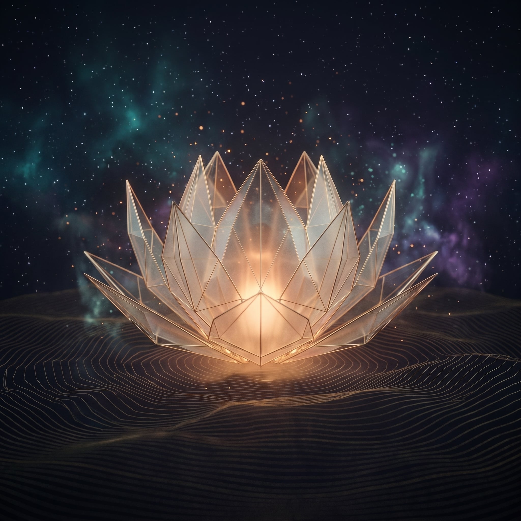 The UNBOUND prism, glowing warm from within on a dark wireframe plane.