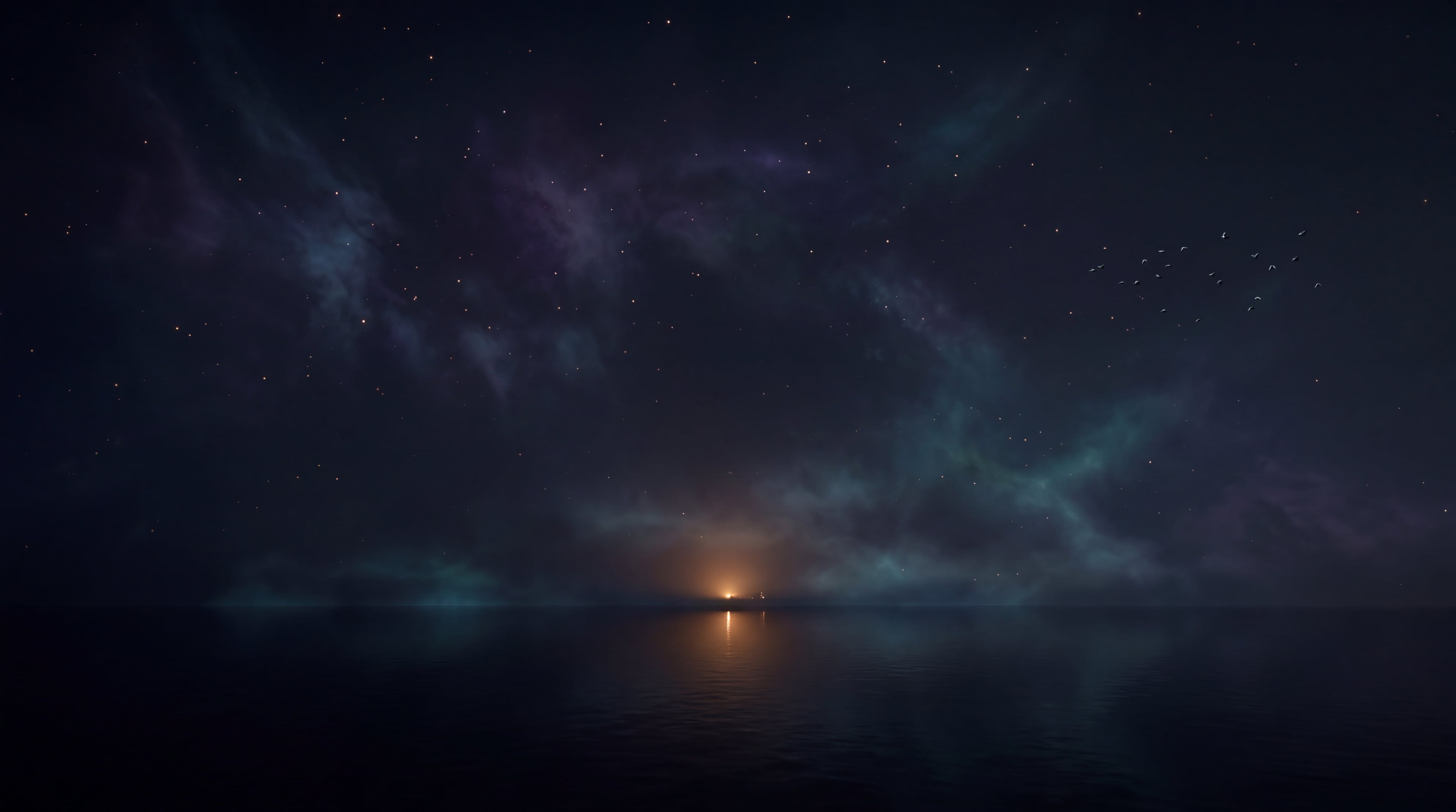 A single point of warm light on a dark horizon, with birds rising at the edge of frame.